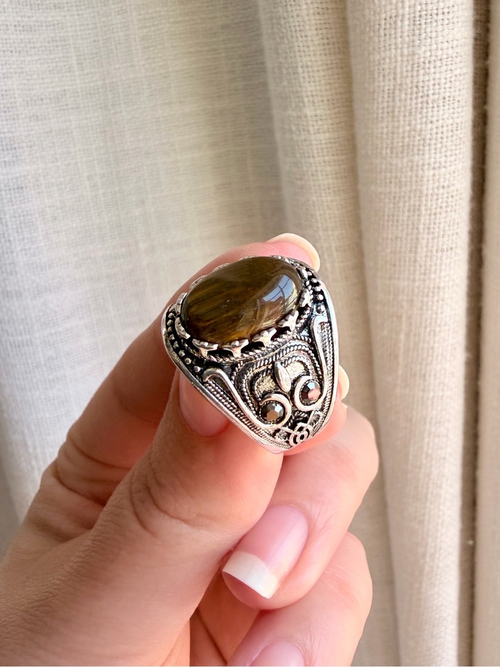 Sterling-Style Brown Tiger's Eye Statement Ring